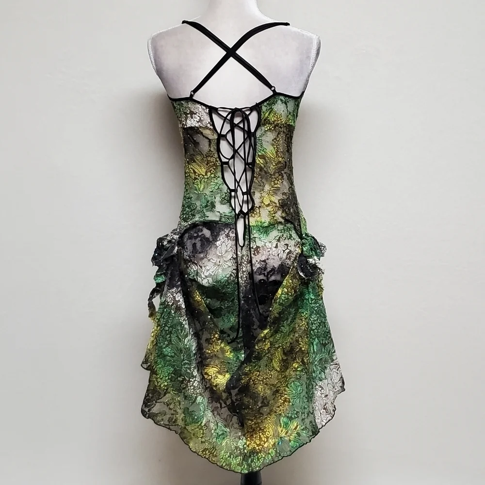80s Rare Vintage Surprise Parties Green Tie-Dye Sheer Lace Lace-up Bustle Dress - Picture 10 of 16